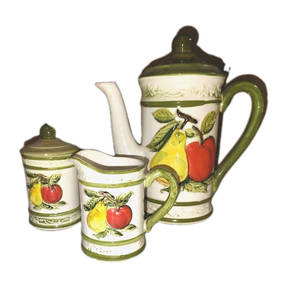 Vintage Embossed Ceramic Fruit 3pc Coffee Set - Teapot Creamer Sugar Bowl - Pear